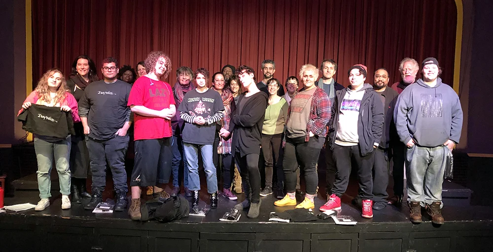 Graduating Class of PlayWrite’s 2018 workshop with students at Mt Scott Learning Center, onstage at the Clinton St Theater.