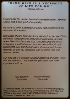 The opening page of the wine list at Fearing's