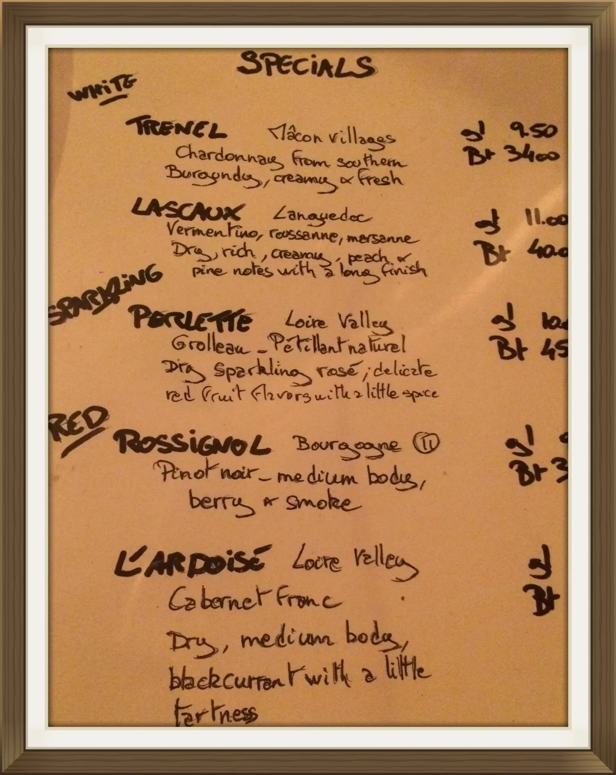 Chez Nous wine list
