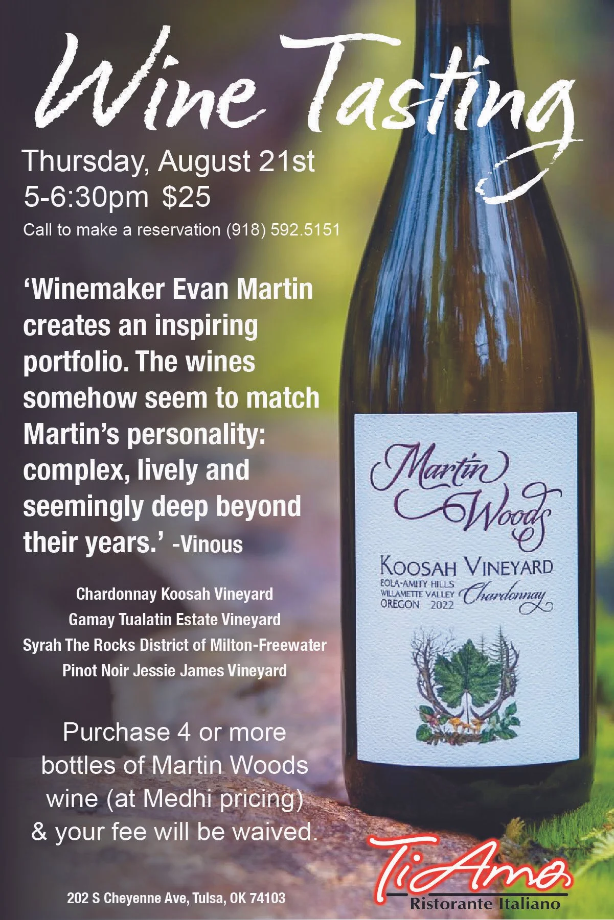 Martin Woods Wine Tasting at Ti Amo Downtown