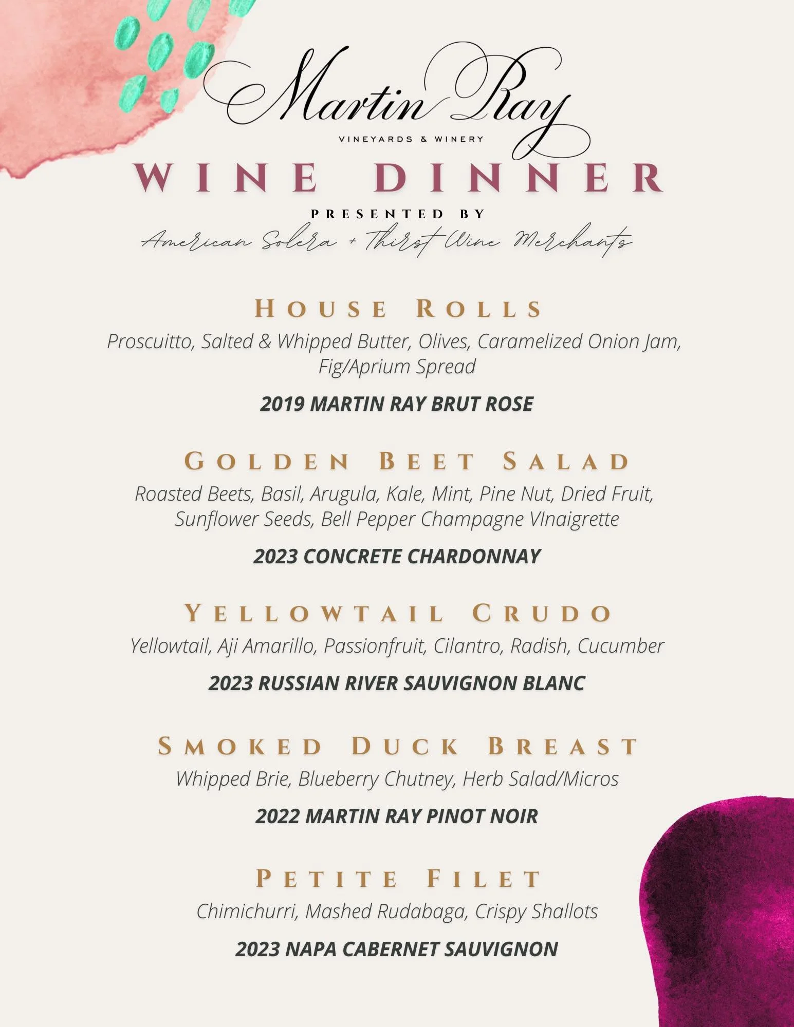 Martin Ray Wine Dinner at American Solera
