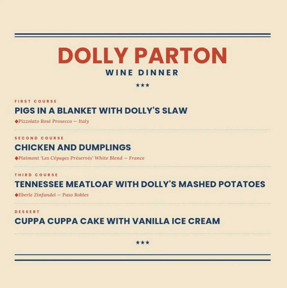 Dolly Parton Wine Dinner at Duet 