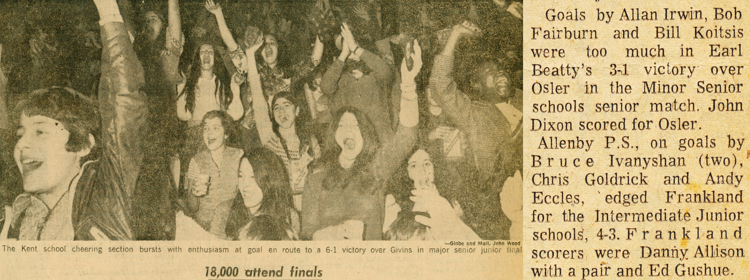 Newspaper clipping from the Globe and Mail after winning the school Championship the following year.