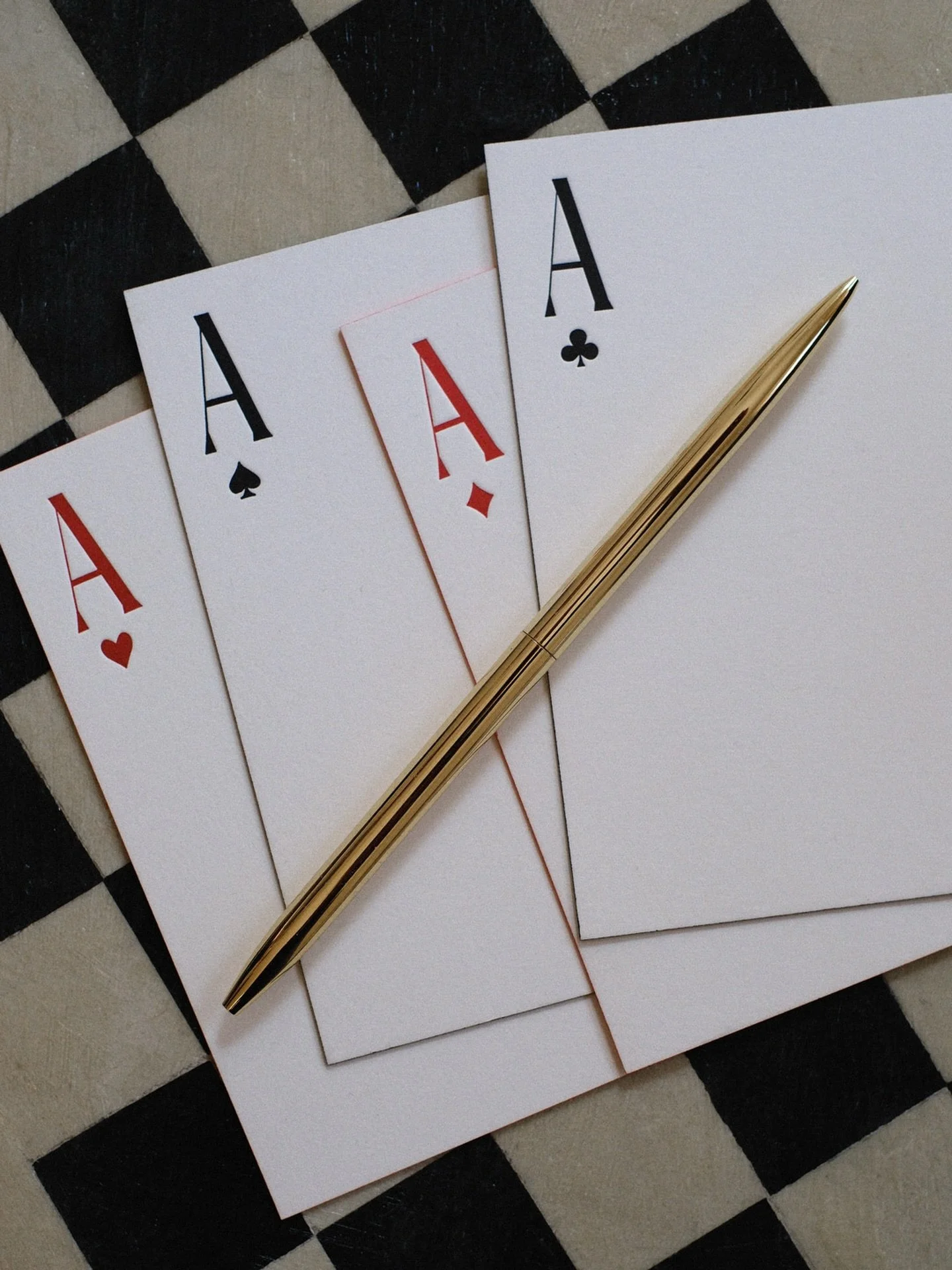 Treat yourself to killer stationery, a fine writing instrument and a chess board, and you&rsquo;ll feel like a queen.👑 

An Ace for Every Case - set of 16 letterpress cards and envelopes, on 500gsm pure cotton paper with hand painted edges - availab