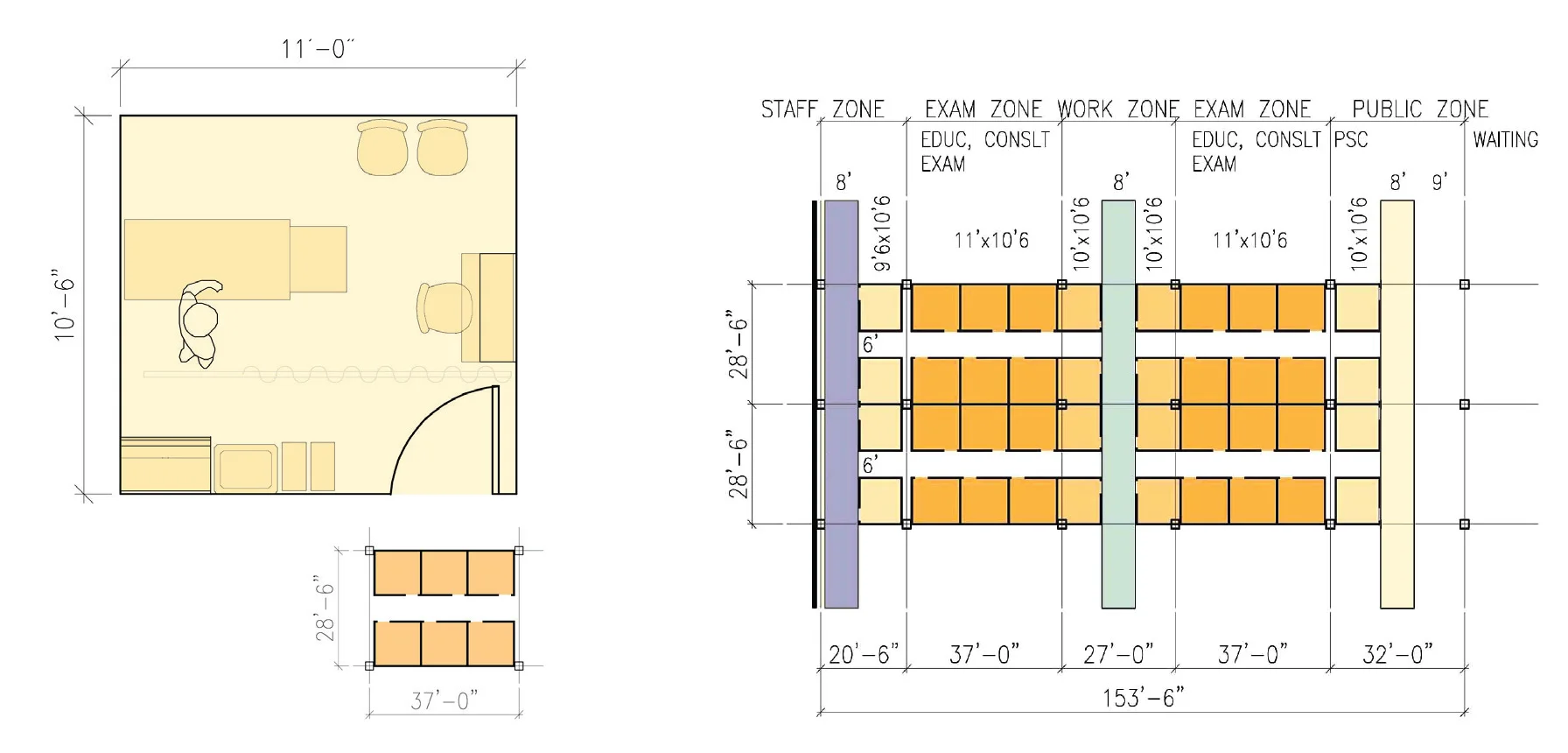 The module for a typical clinic floor is planned for zones of exam rooms, work areas and public circulation as shown here for the MD Anderson Cancer Center.