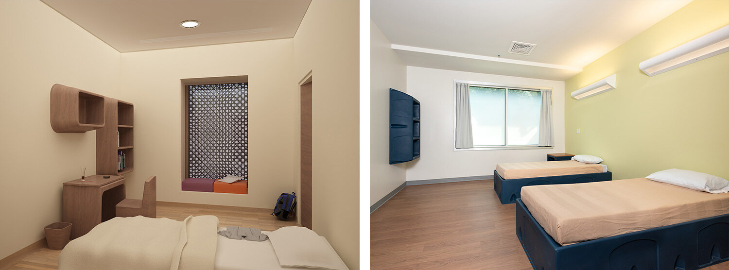 Private rooms at Al Amal Psychiatric Hospital (left), shared room at Mark Reed E&T (right)