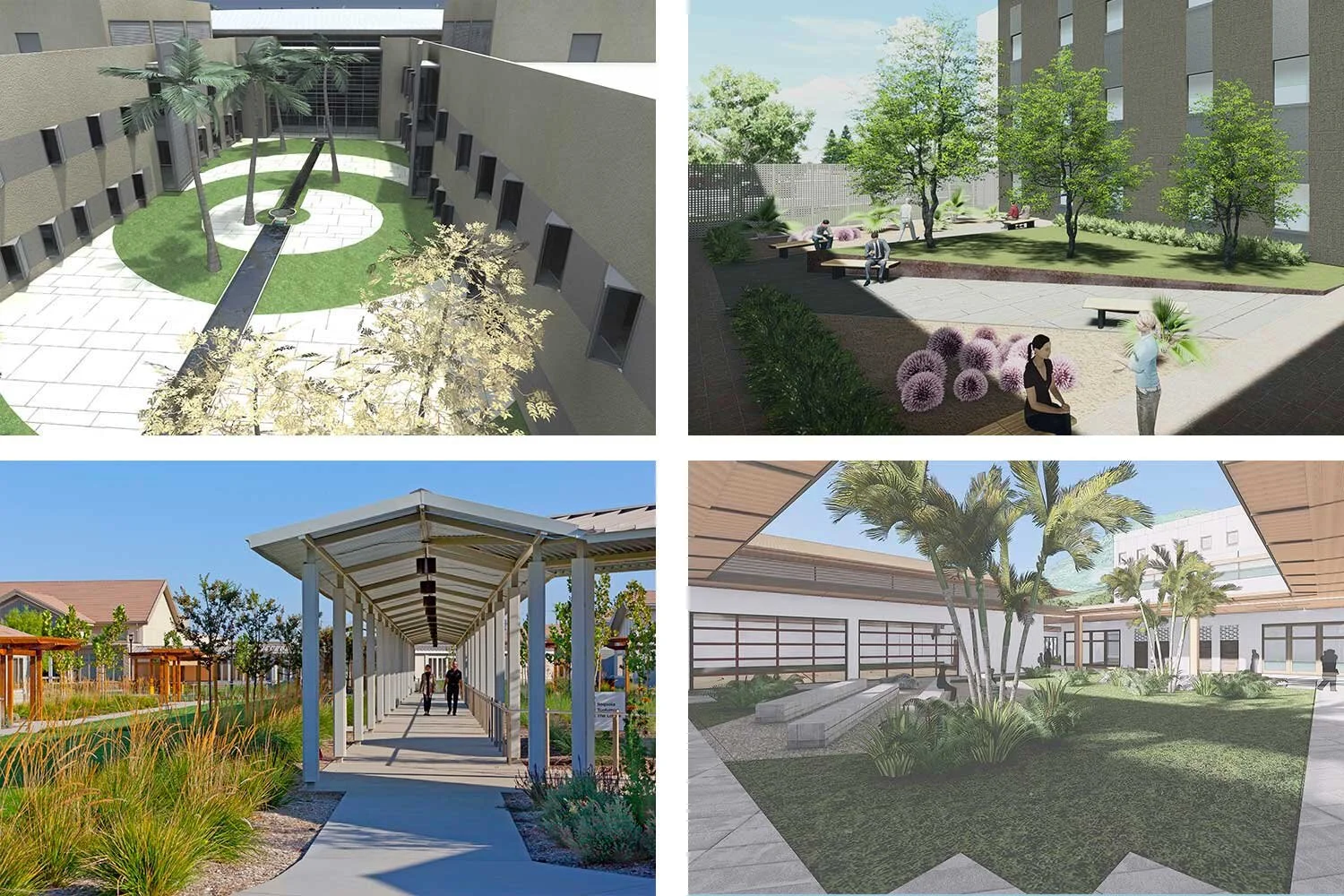 Outdoor Spaces: Al Amal Psychiatric Hospital (top left), Wellfound Behavioral Health Hospital (top right), California Veterans Home (lower left), Hawaii State Hospital (lower right).