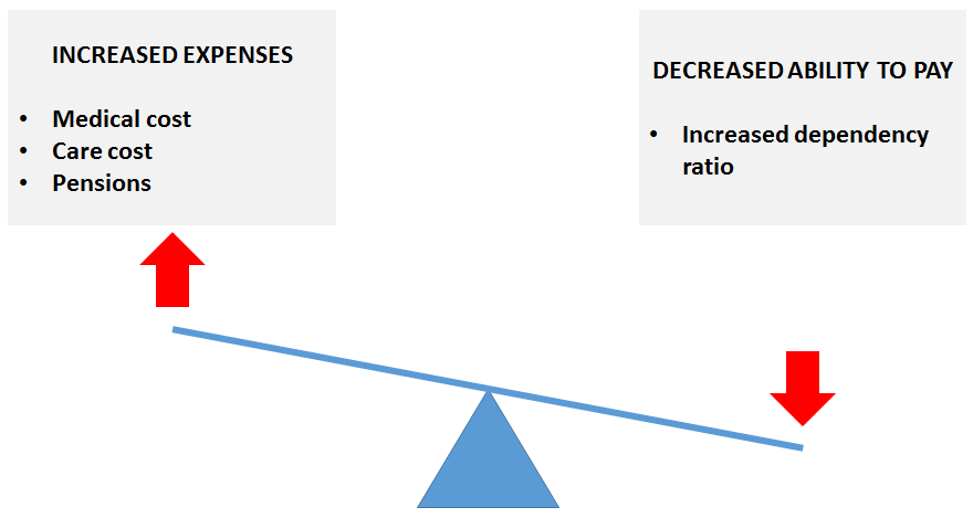 Figure 1 : The economic cost of aging is caused by an increase in expenses due to a longer period of life spent in the ‘old age’ stage and a decreased ability to pay for the elderly due to an increase in the dependency ratio. Image credit: Sven Bulterijs