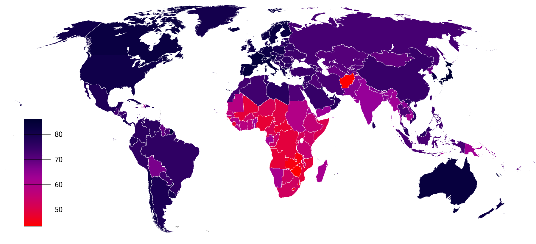 Median life expectancy in the world today