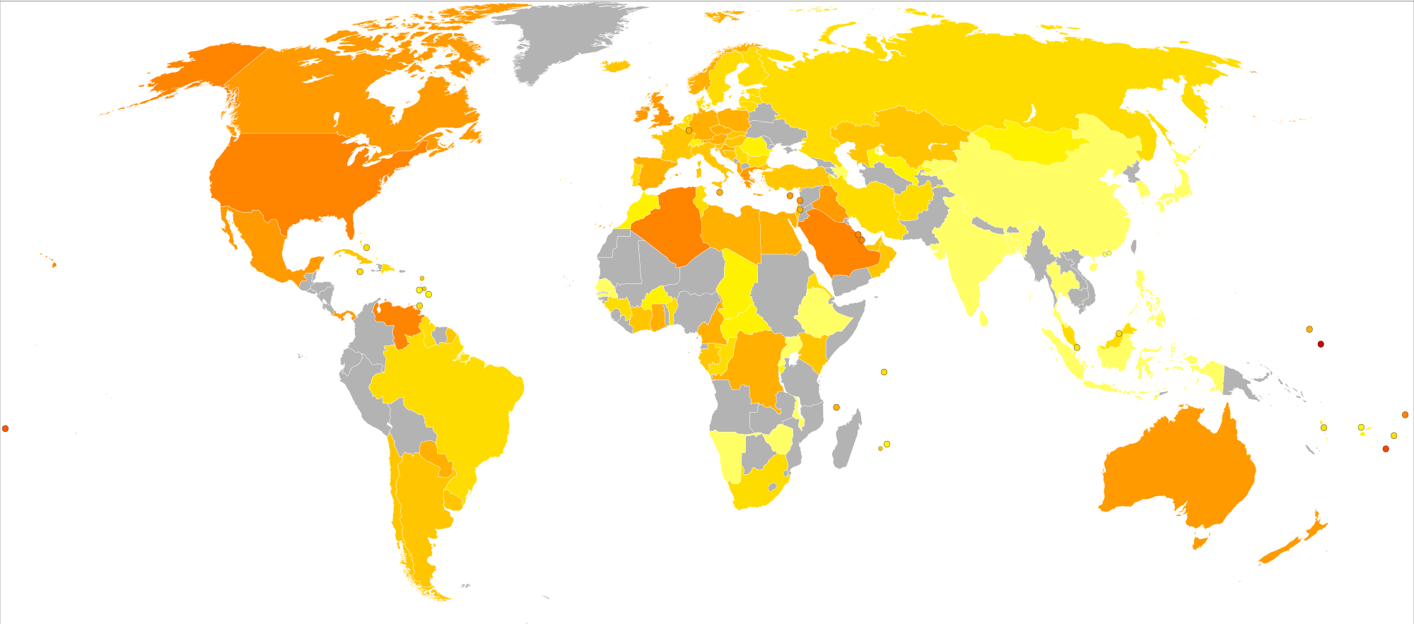 A map of male obesity worldwide. Orange represents the highest percentage, while grey represents a lack of data. Credit: worldobesity.org
