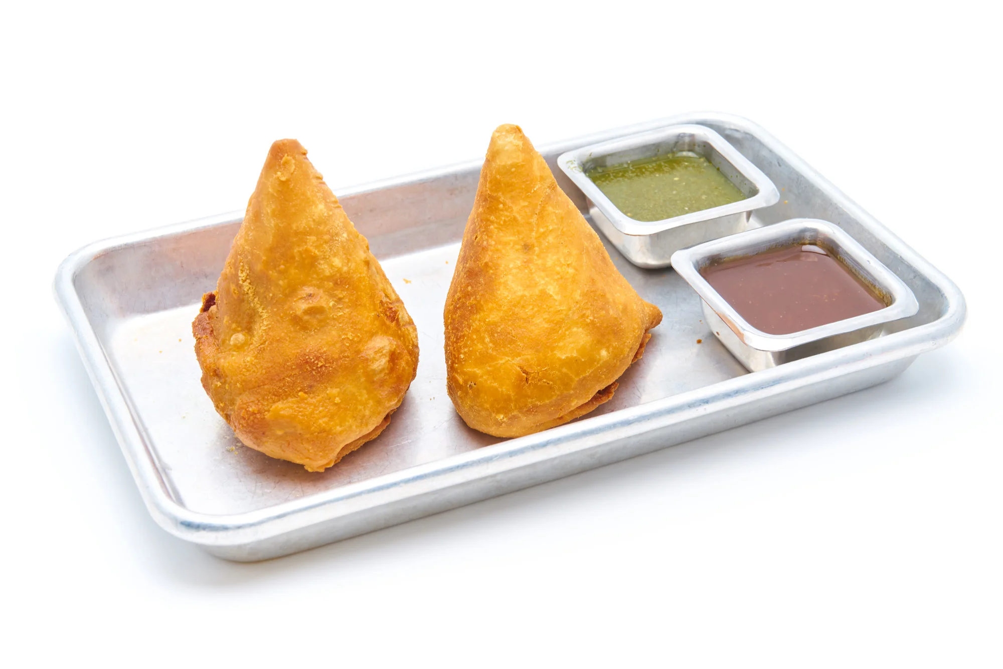 LAMB SAMOSA samosa stuffed with ground lamb keema & curried potatoes; chutneys