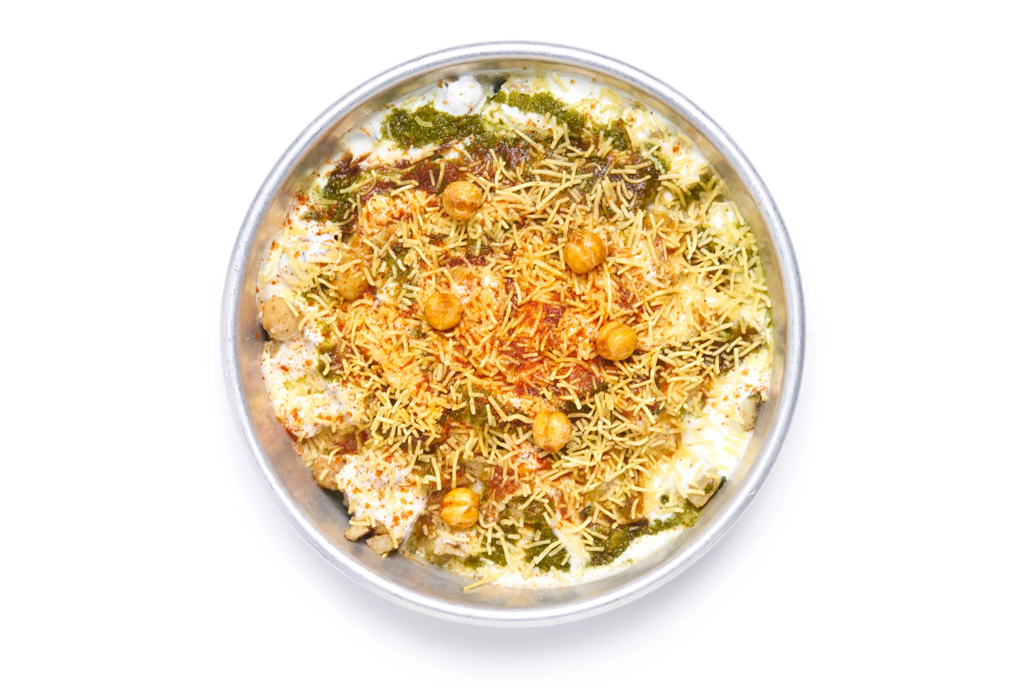 KACHORI CHAAT rajasthani hard shelled round puris stuffed with thar desert lentils, potato garbanzo mash, chaat masala yogurt (VG)