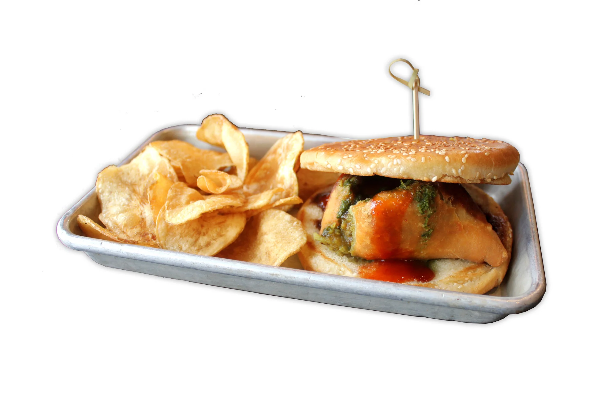 BUN SAMOSA samosa, maul buttered and maggi ketchuped bun, chutneys, housemade crisps (VG)