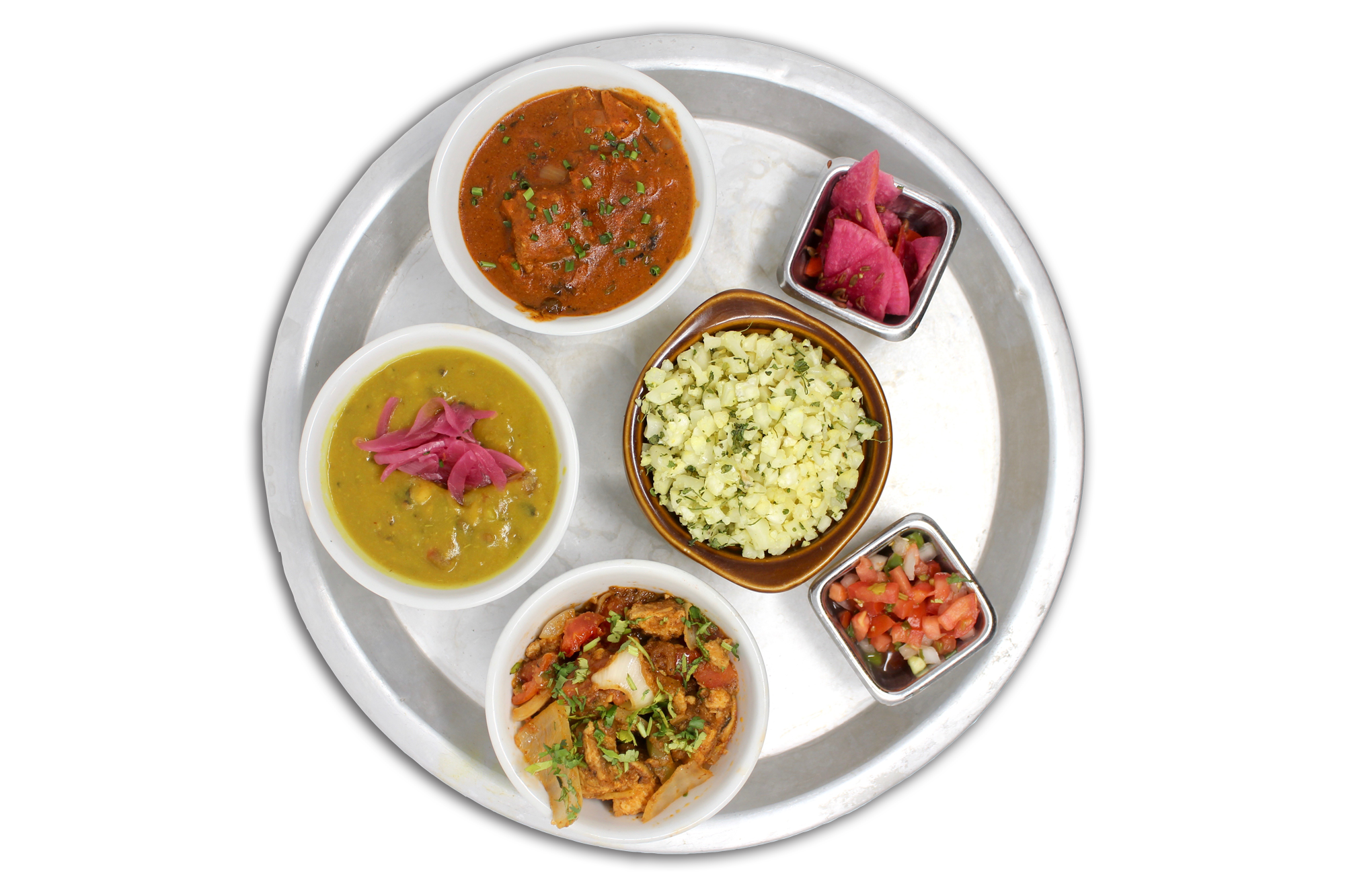 LITE THALI riced cauliflower, daal lentils, pico & pickles choice of any two: aloo gobi (V), butter paneer (VG), kadhai chicken or butter chicken