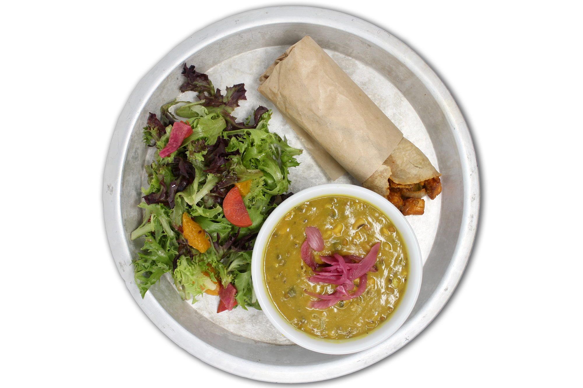 SOUP N’ ROLL choice of chicken, paneer (VG) or hungry planet plant protein (V) wrapped in a tortilla, daal lentil soup, local organic greensr
