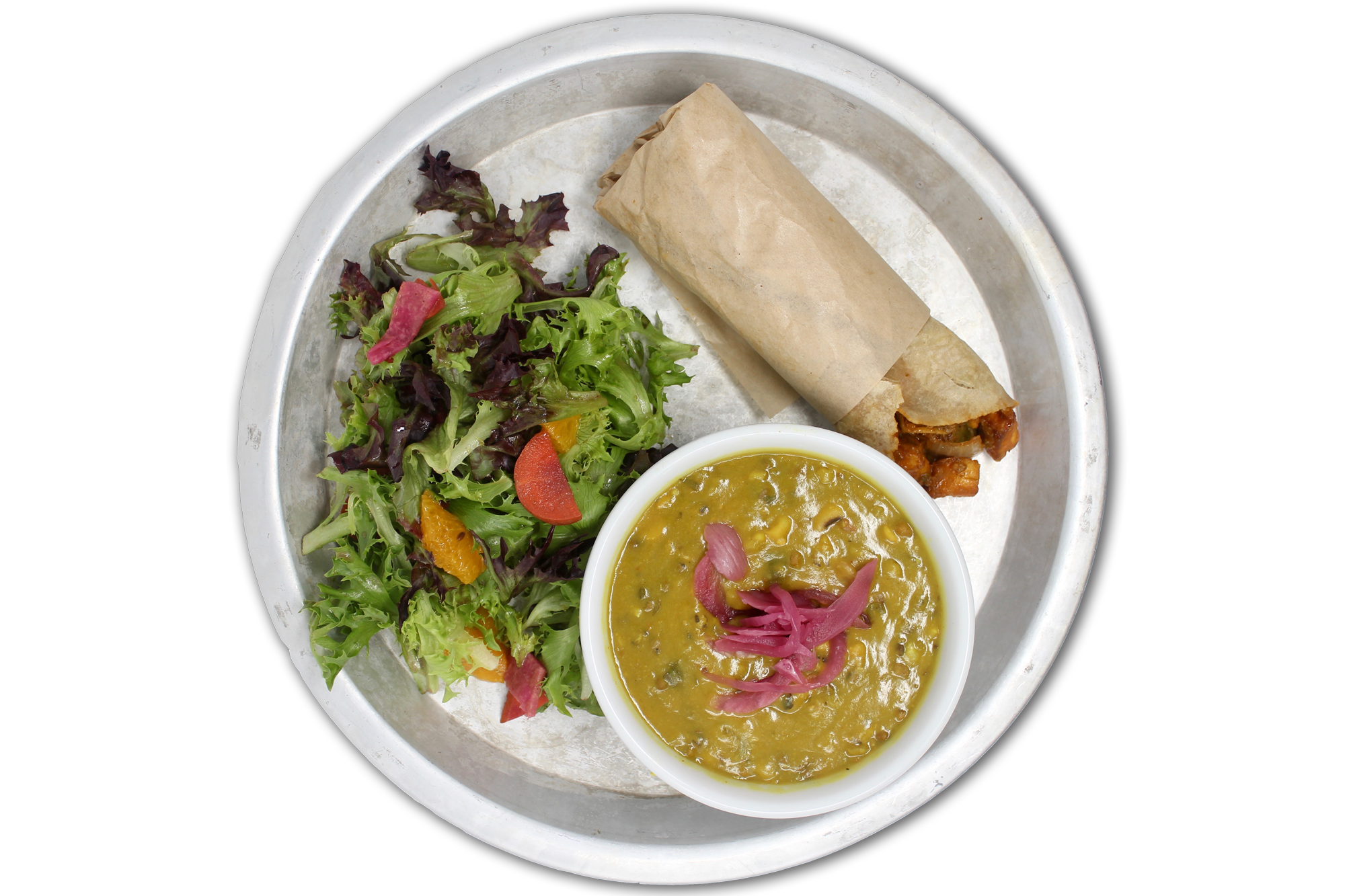SOUP N' ROLL choice of chicken, paneer (VG) or free range plant protein (V) wrapped in a brown rice tortilla, daal lentil soup, local organic salad (GF)