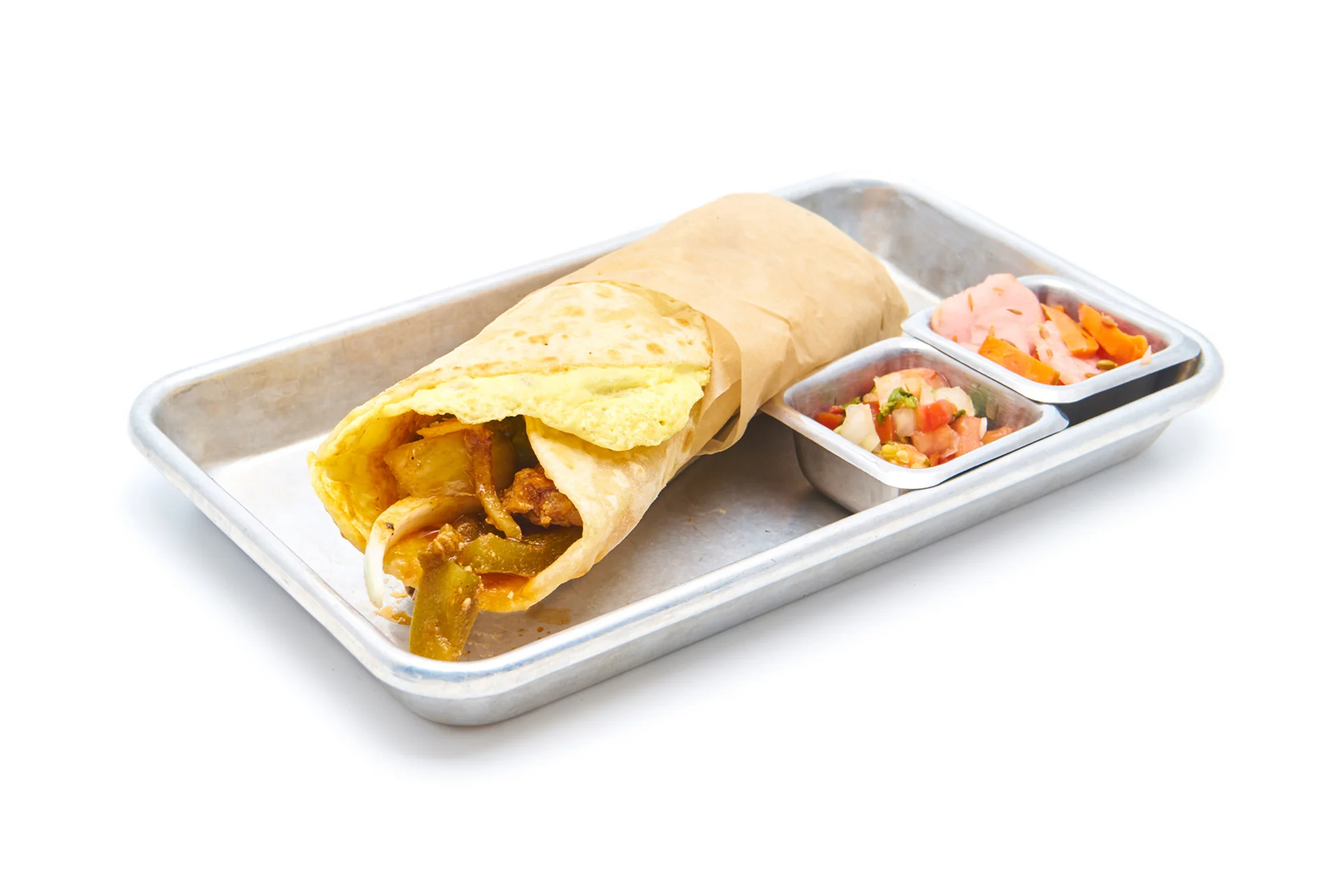 KATHI ROLL Ask to make it (GF) | Ask for no egg for (V) egg washed gluten-free tortilla, onions, cilantro chutney, housemade potato crisps & pico choice of paneer (VG), aloo gobi (VG), chicken or lamb