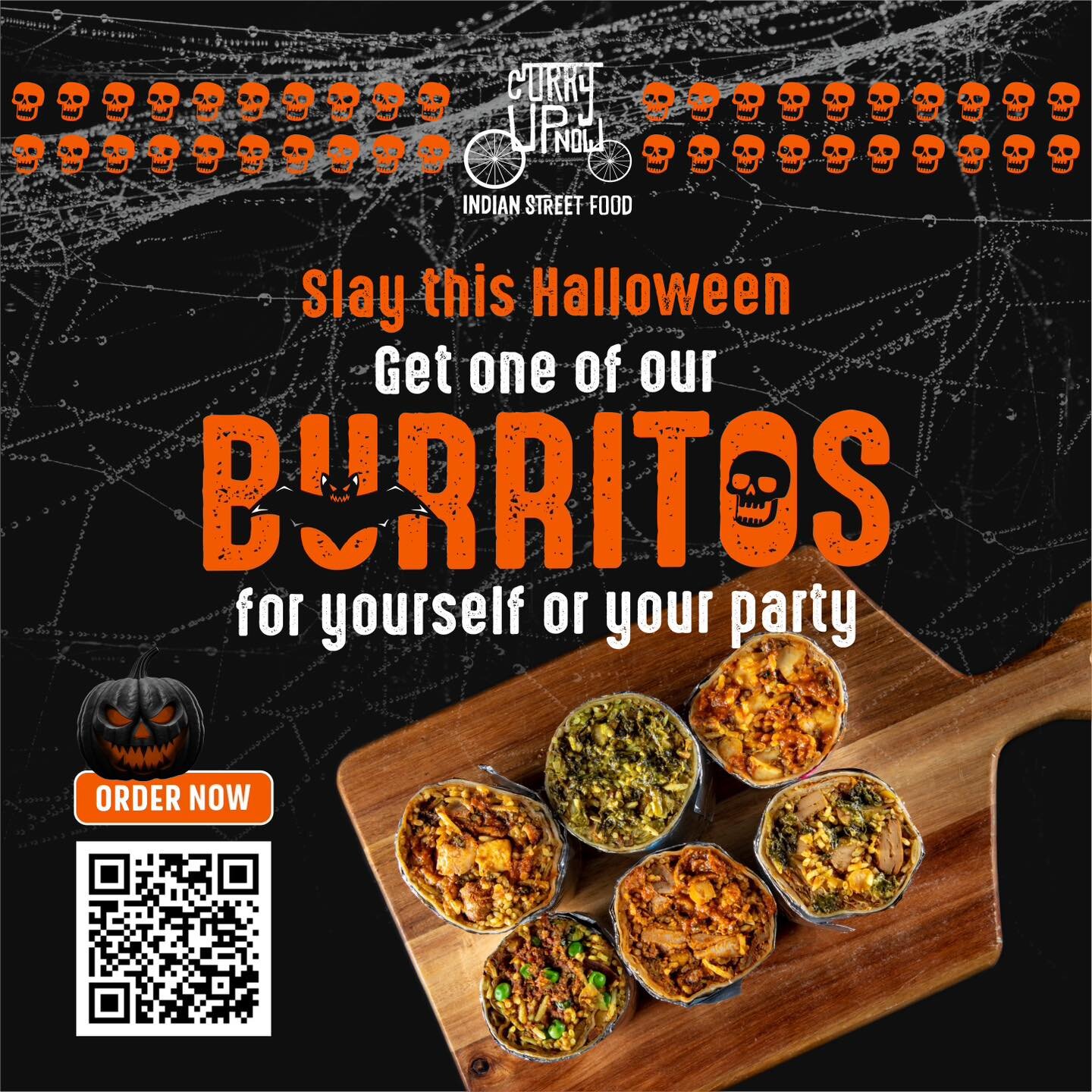 Wrapped tighter than a Mummy and are to die for!💀

Get your Burritos now: Link in bio

#CurryUpNow #HappyHalloween #BloodyGoodBurritos