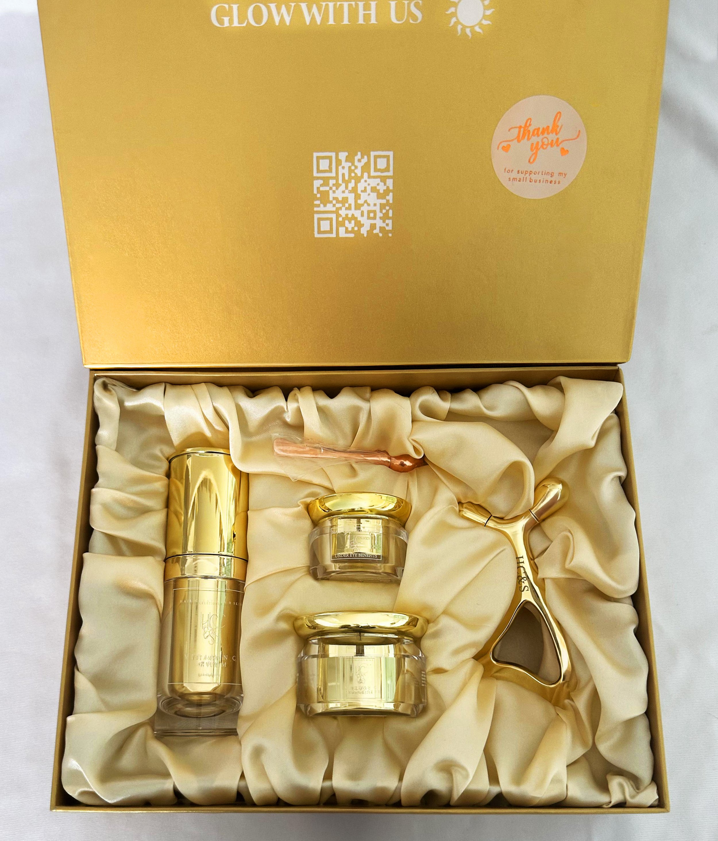  This set is the perfect way to show some love to your skin. Featuring our Premium Vitamin C Serum, Eye Cream, Moisturizer, and exclusive facial tools — including an under-eye roller and Gua Sha — for a radiant, glowing complexion. 