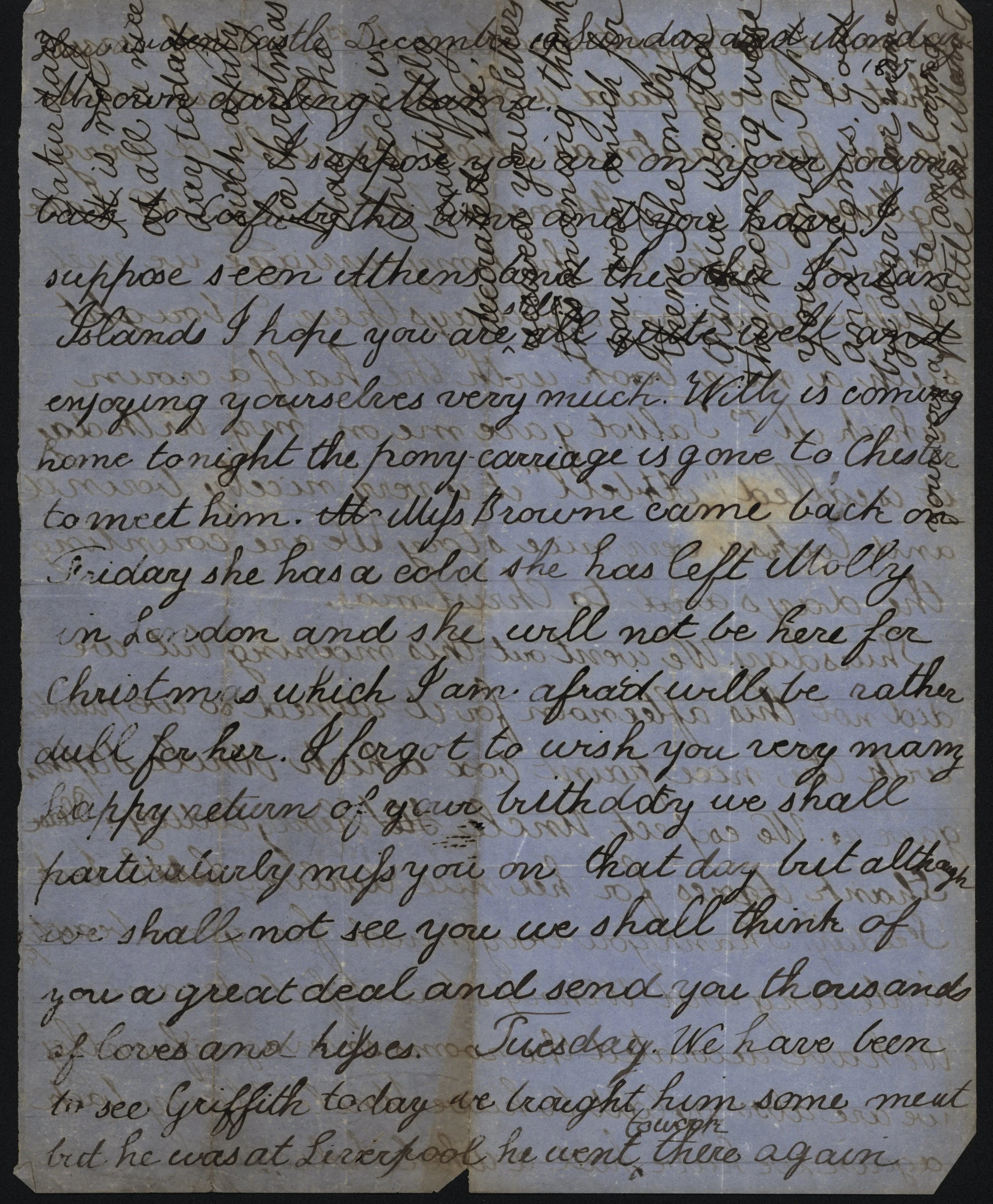 This is a crossed letter. After reaching the end of the second page, the writer returns to the first page, turning it 90 degrees in order to save paper and postage.