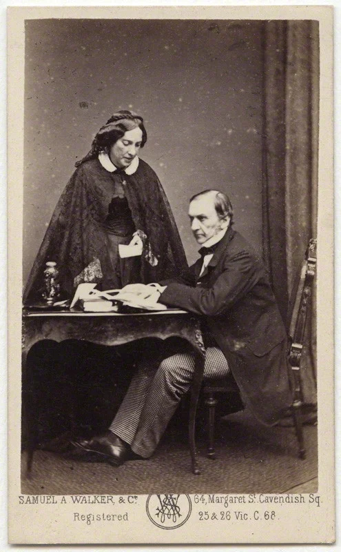 Catherine Gladstone (née Glynne); William Ewart Gladstone, by Samuel Alexander Walker, albumen carte-de-visite, 1862-1866, 3 5/8 in. x 2 1/4 in. (91 mm x 57 mm) image size. Given by Sir Geoffrey Langdon Keynes, 1958. NPG x5975. Photographs Collection , National Portrait Gallery. License .