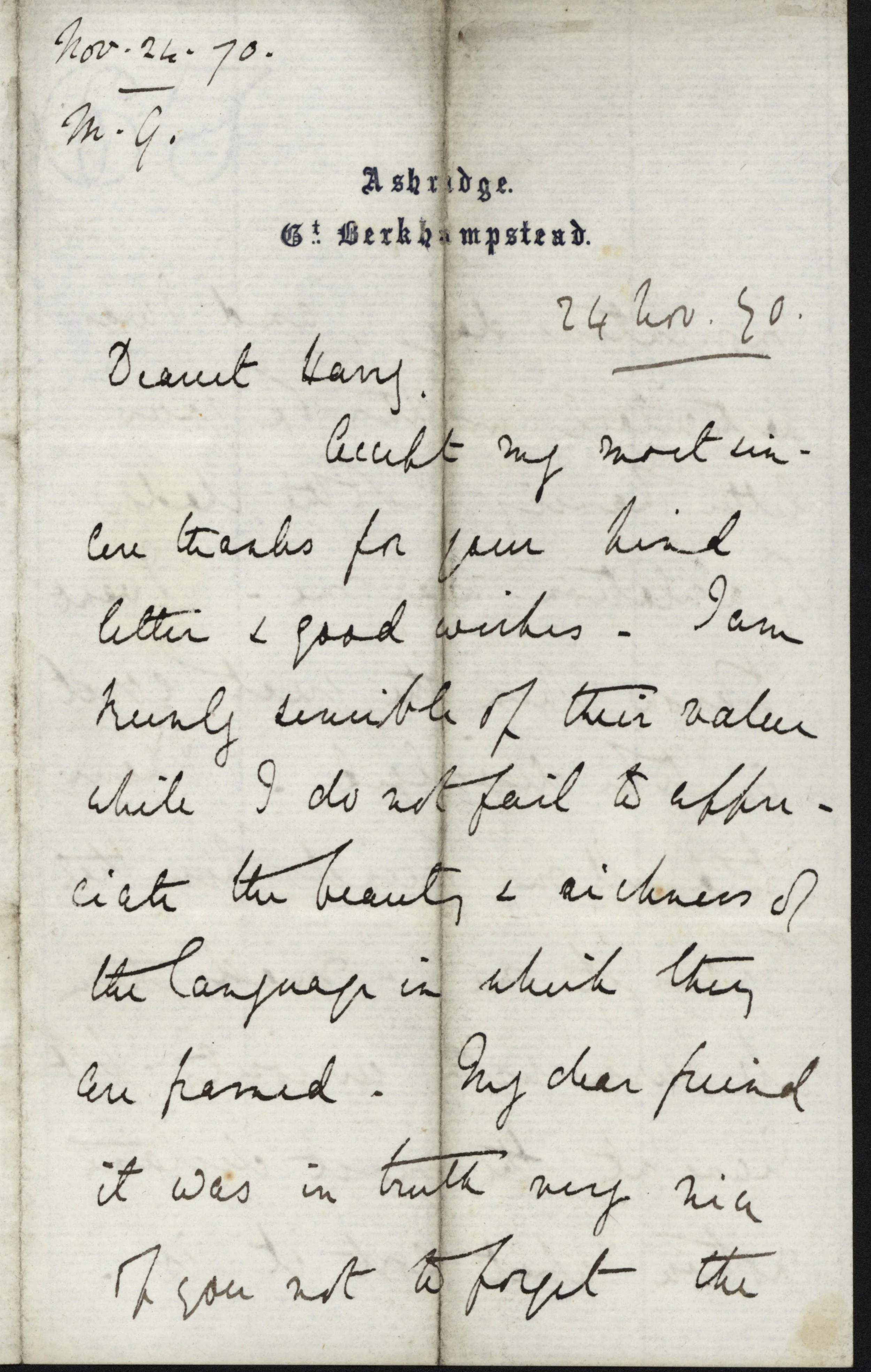 Mary Gladstone to Henry Neville Gladstone, 24 November 1870, GG 848. All images used with permission. See the end of the post for the transcription.