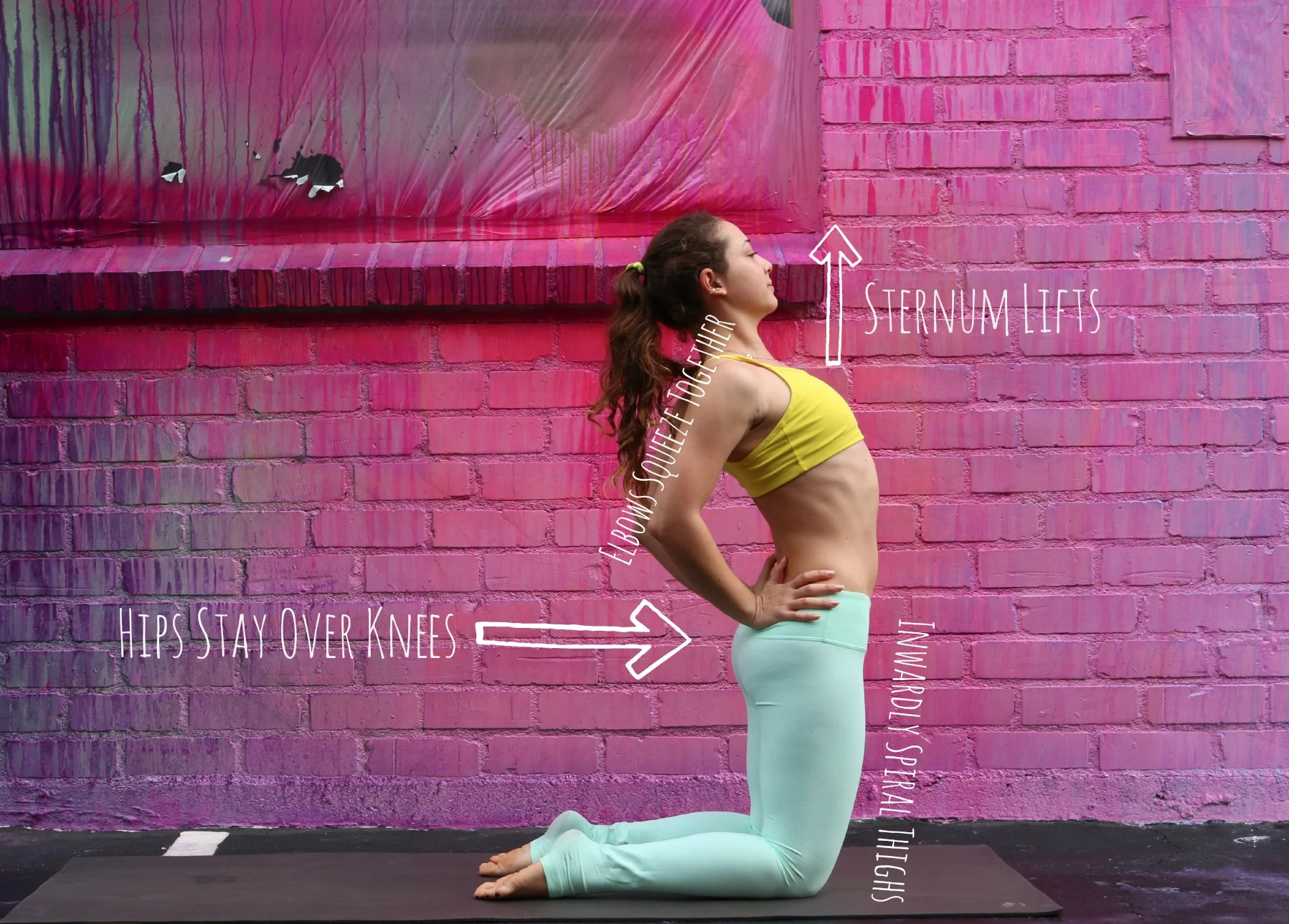 Begin with the knees hip distance apart. Hands to the low back, gaze forward. OPTION : Toes can be tucked. PROPS : you can use a block between your knees to help keep thighs engaged. 