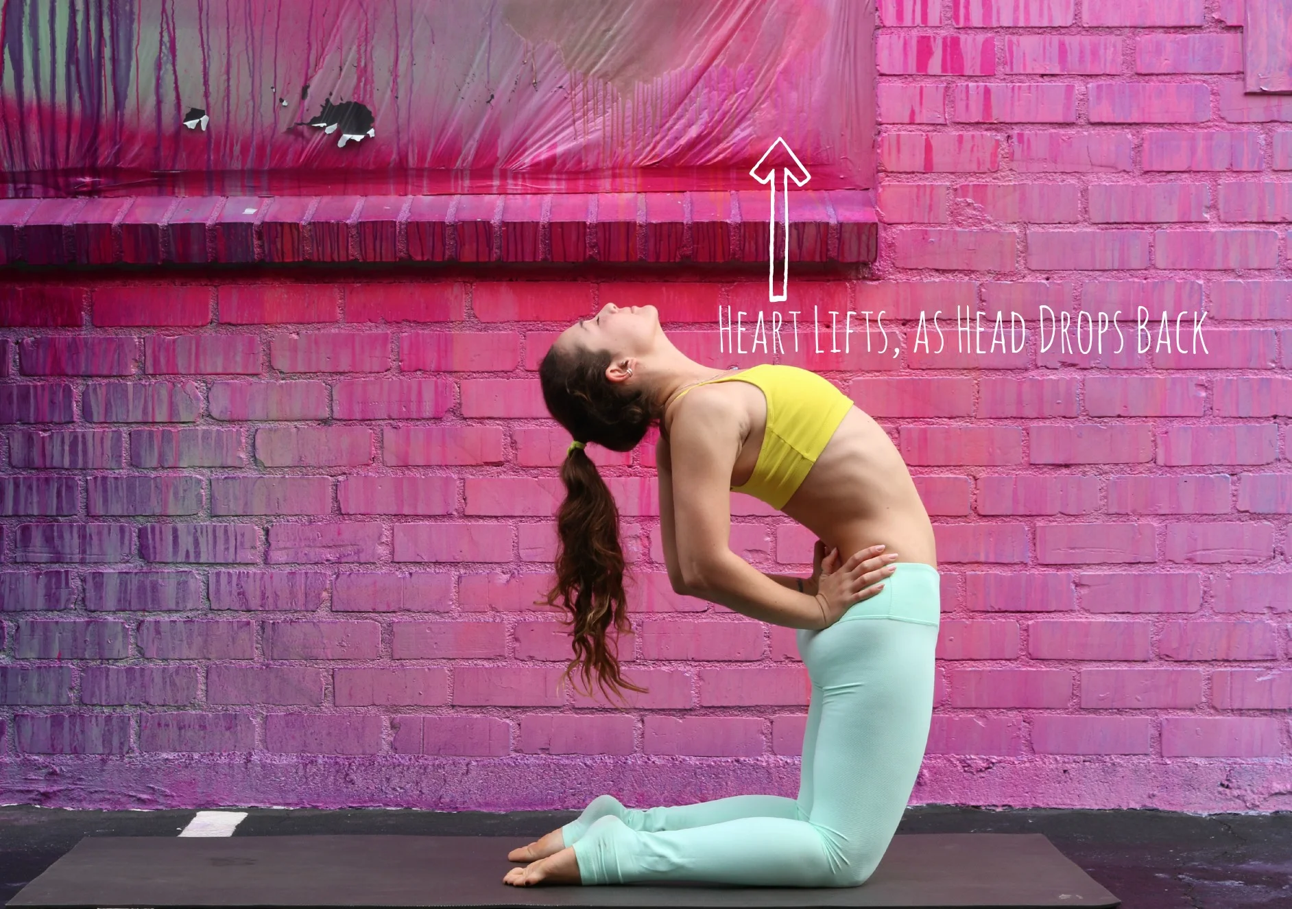 Focus on finding more of a LIFT from your sternum rather than just leaning back and thrusting the hips forward. OPTION : STAY HERE IF THIS FEELS GOOD!!! Maybe play with dropping the head back slowly, or closing the eyes.