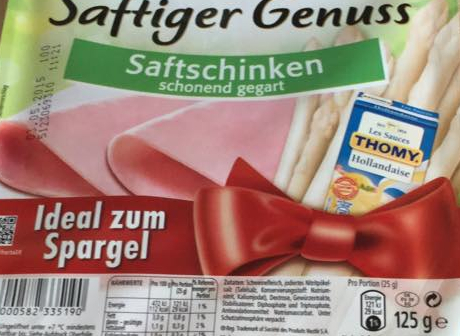 Ham, being advertised as " Ideal zum Spargel" ("Ideal on asparagus"). 