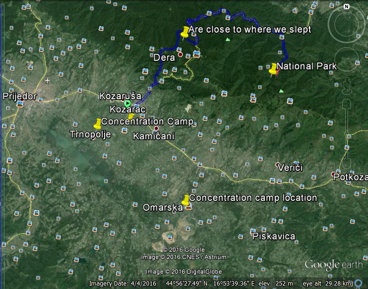 Mount Kozara Forced March, 1992. Map credit: E. Kulasic via Google Earth, 2016.