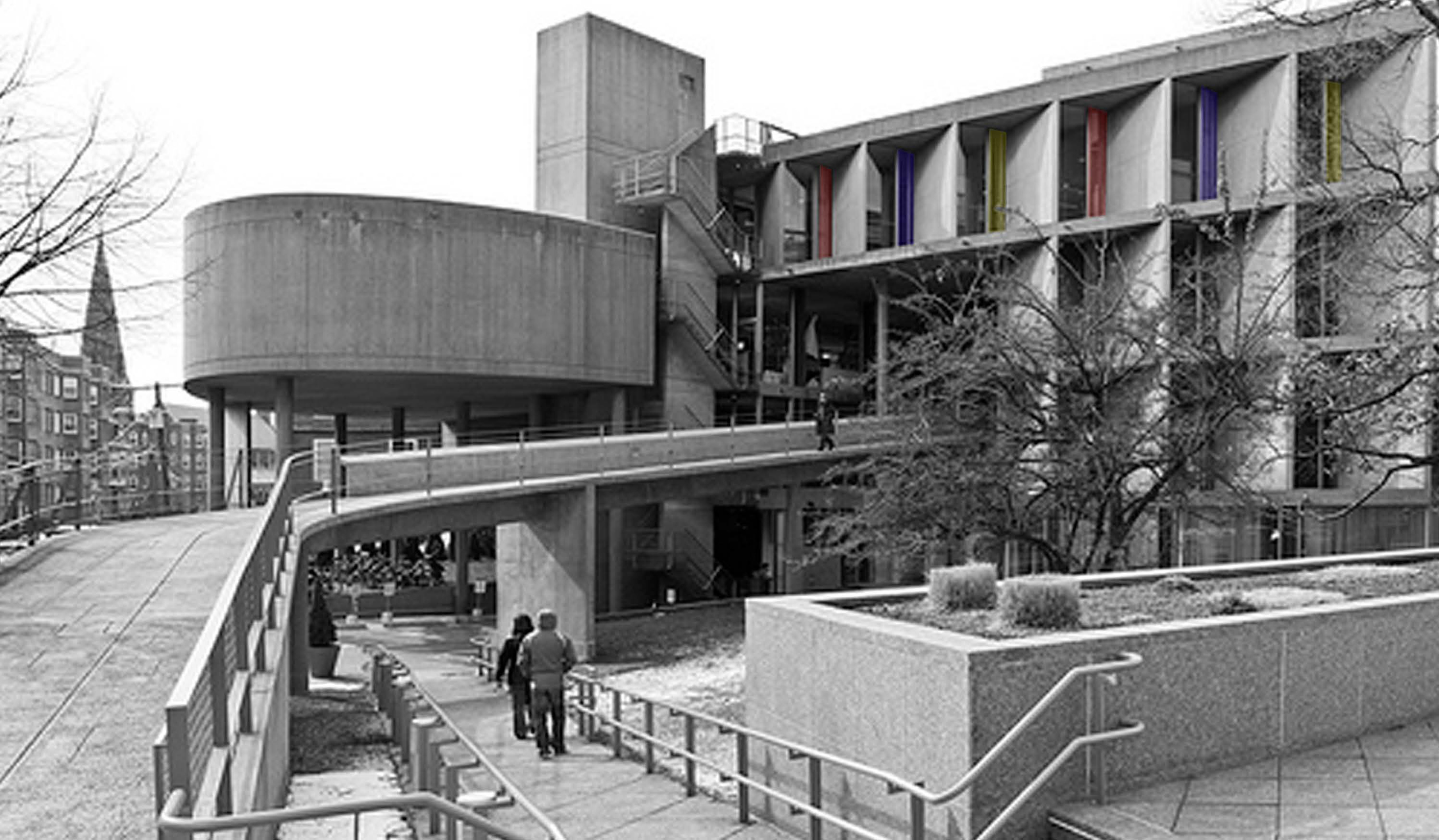 Curving pedestrian ramp through building. Carpenter Center, Cambridge, MA. Photo by Le Corbusier, 1960-64. 