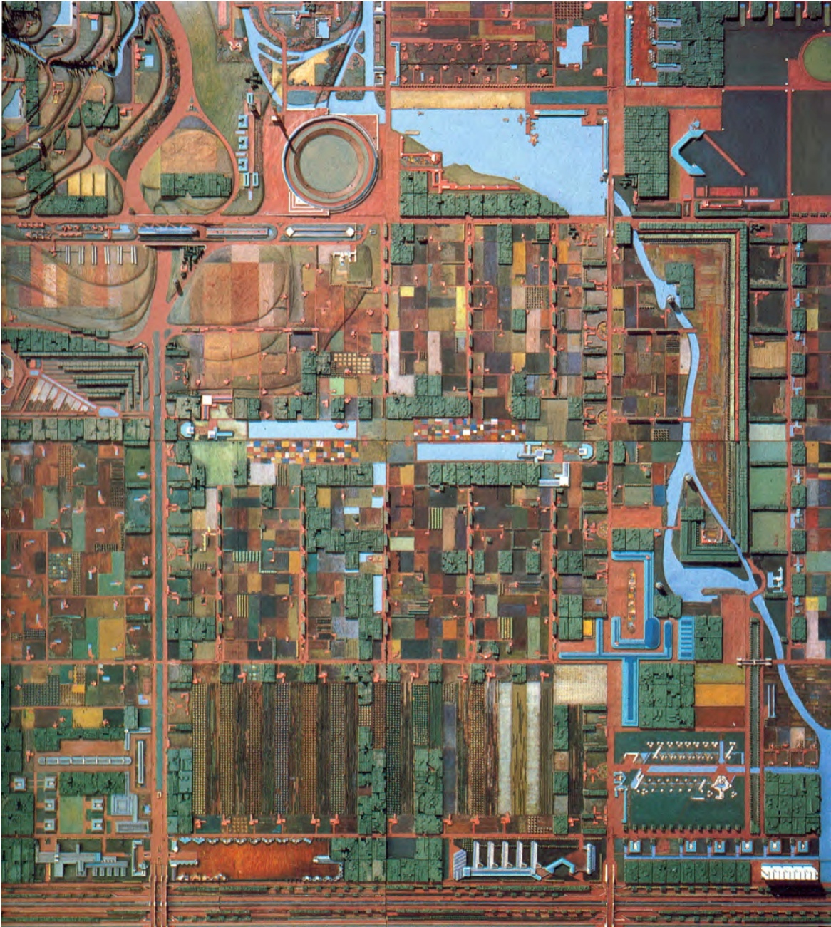 Broadacre City, a concept for an American version of the suburb. P hotograph of model by Frank Lloyd Wright, 1934-35. 