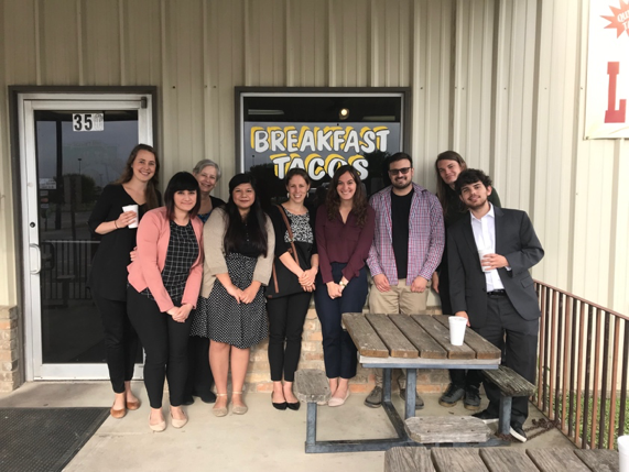 Inter-disciplinary team of social work students and law students stopping for breakfast tacos in Seguin, Texas, on the way to Karnes immigrant detention facility. Photo credit: Ana Hernández