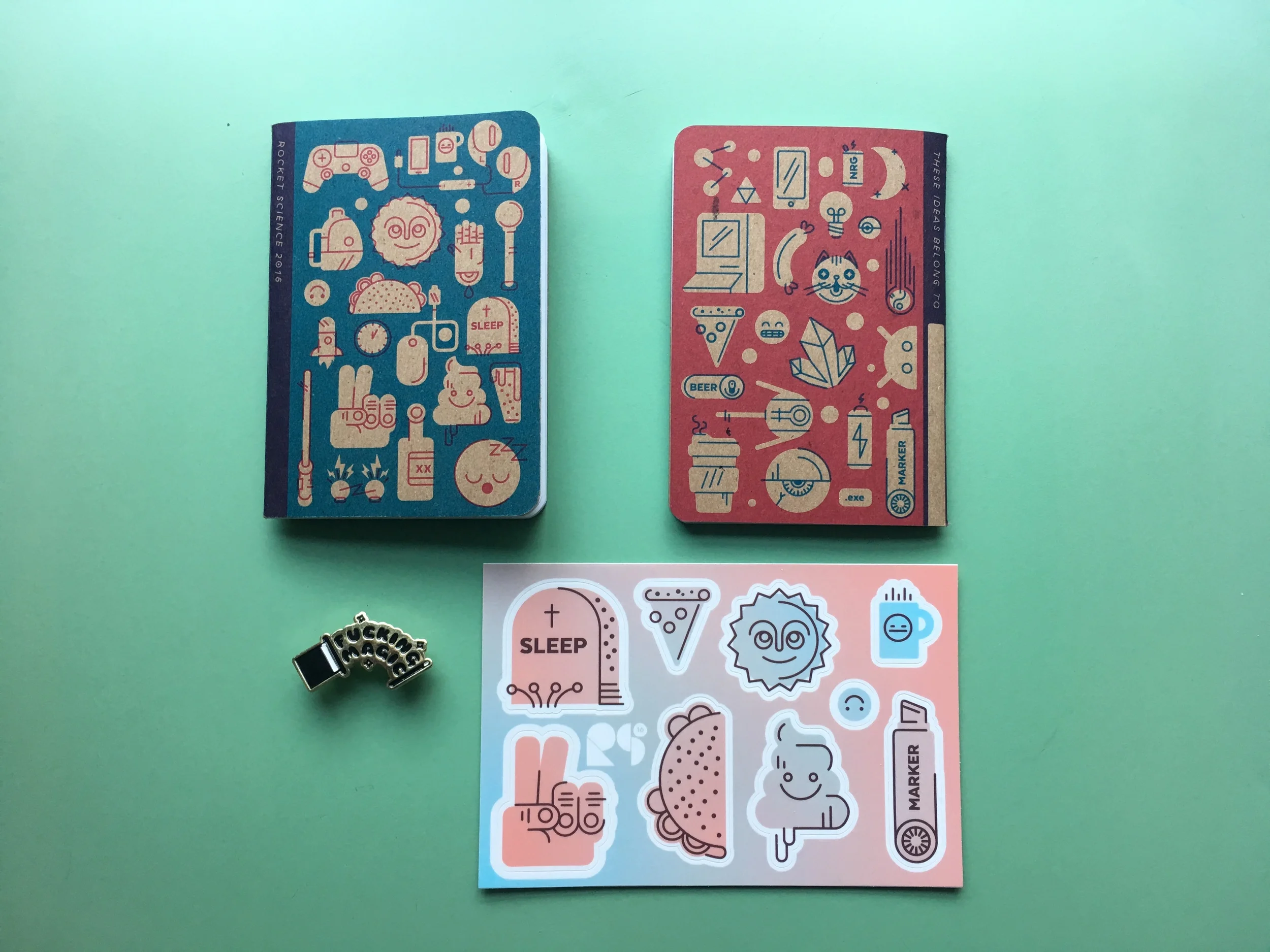  2 color screen printed Scoutbook, Fucking Magic enamel pin, kiss-cut sticker sheet 