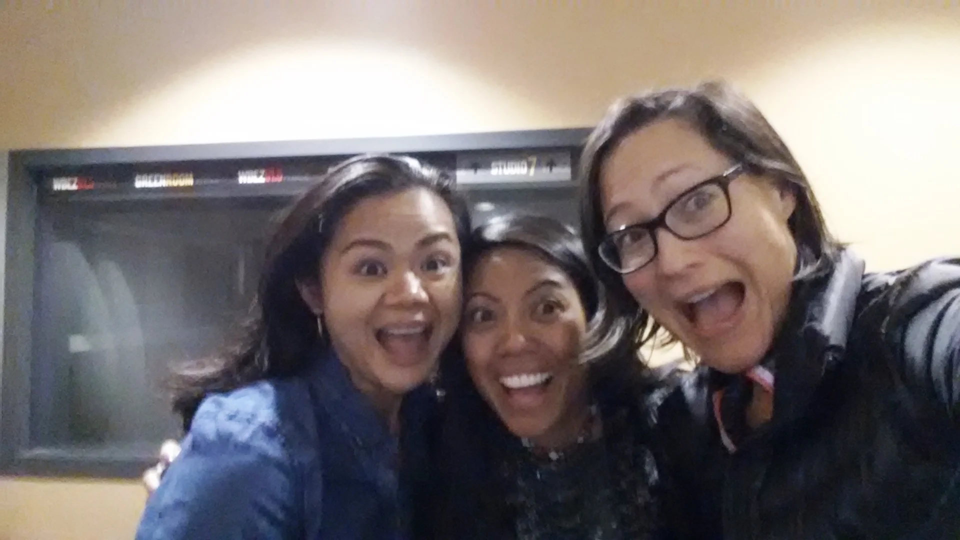 Chef Kristine Subido, left, and Sarahlynn Pablo of Filipino Kitchen, middle, joking around post-interview with Chicago Public Radio/WBEZ producer and journalist, Monica Eng (far right). Photo courtesy of Monica Eng.