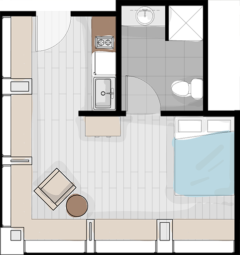 Layout #3 - corner unit with two walls of windows, ADA compliant