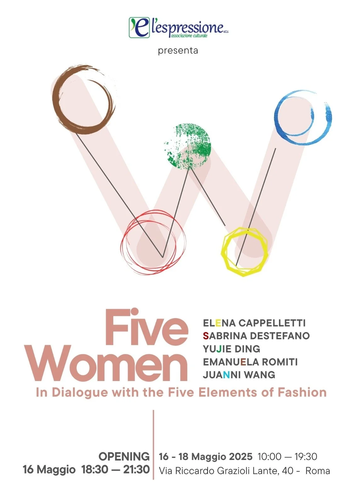 Event poster for 'Five Women' exhibition featuring five women artists, showing abstract colorful circles connected by lines, with event details in Italian.