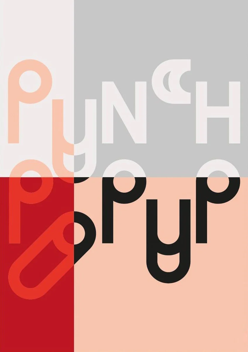 Colorful abstract poster with overlapping blocks of red, pink, white, and gray, featuring the words 'PUNCH UP' in bold, stylized white and black text.