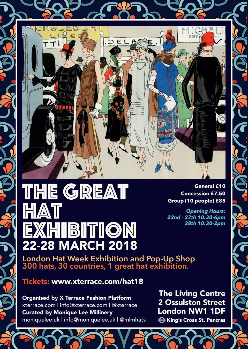 Illustration of women at a hat exhibition, dressed in vintage fashion, with a background of hats and a bus, promoting the Great Hat Exhibition from March 22-28, 2018.