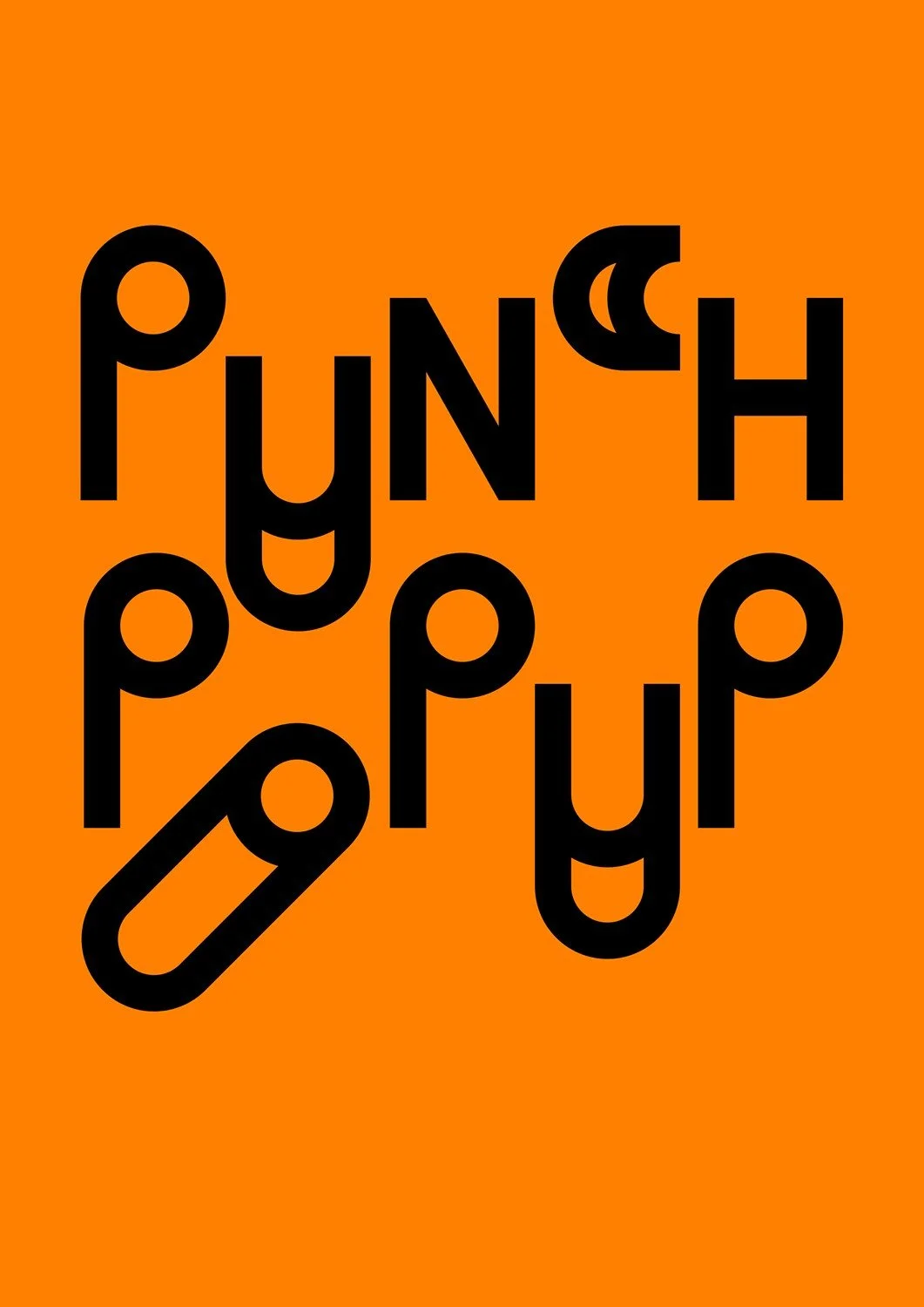 Graphic with orange background and black text reading "PUNSH PUP" arranged in a playful pattern, with a safety pin illustration.