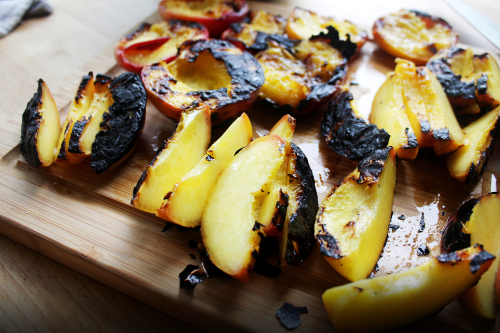   Slice the peaches for serving. If you wanted char on all sides, you can slice to smaller sizes before you grill, but they will be a little more difficult to handle.  