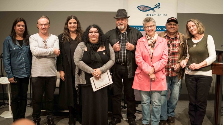 The second Mildura Indigenous Writers Award presentation 2016 (left to right): Narelle Baxter, Tony Birch (Presenter), Patricia Sistergirl Johnson, Sianlee Harris, Brian Hunt, Sandra Stewart (Elder), Patrick Lawson and Chris McKenzie (PEN Melbourne).