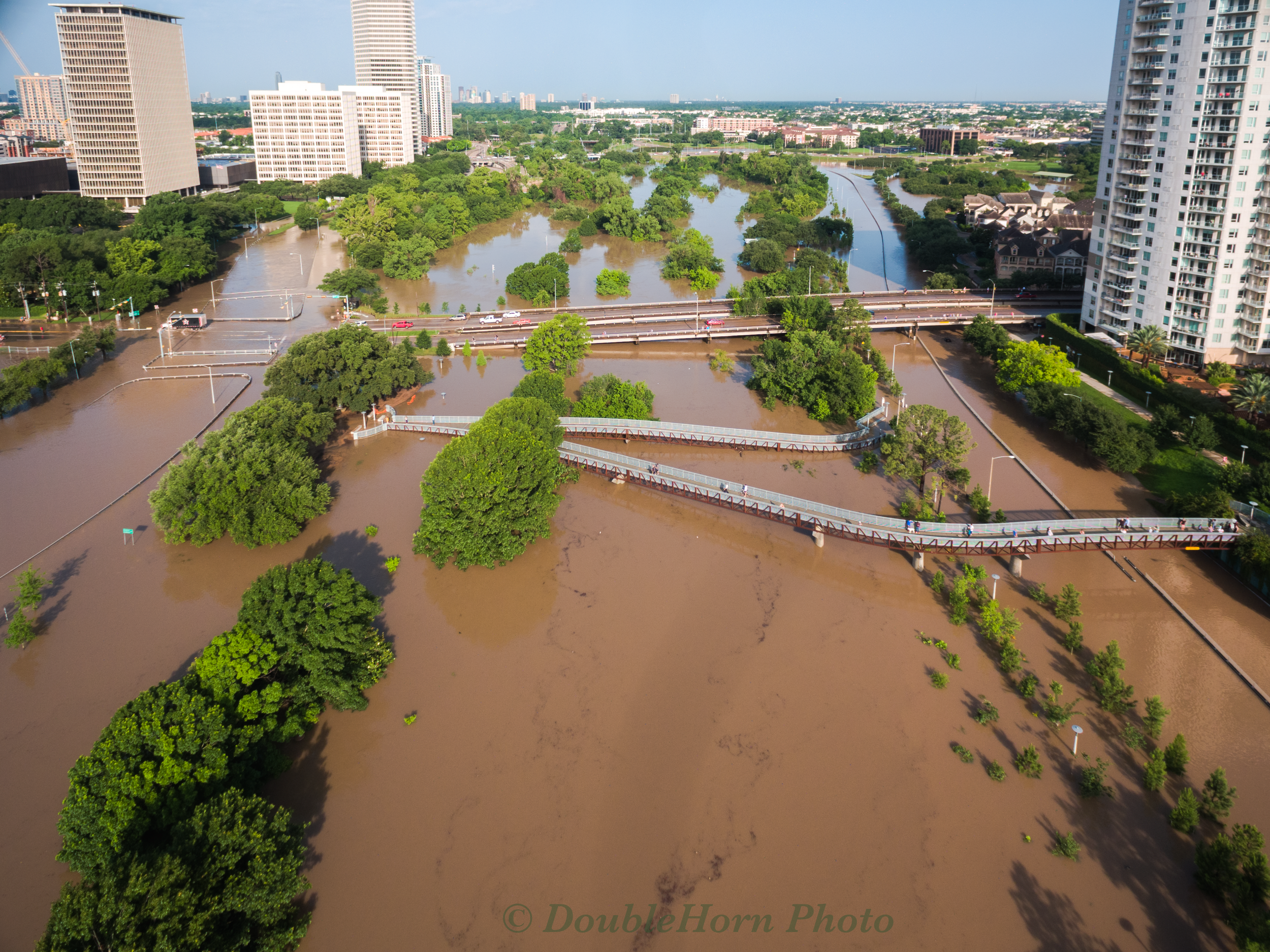 This looks East at the Montrose intersection with Allen Parkway (left side) and the Montrose overpass of Memorial Drive (right side) 5/26/2015