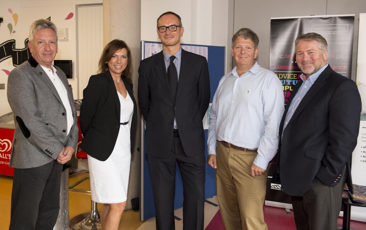 Pete Meakin (Creative Producer at Derby LIVE), Lisa Biesty (Commercial Director at DCFC), Neil Perrott (Director at Katapult), Brett Butcher (Resident Entrepreneur) and Bob Betts (Chairman of Marketing Derby and Director at Smith of Derby).