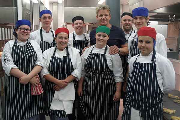 Gordon Ramsay pictured with student chefs at Derby College