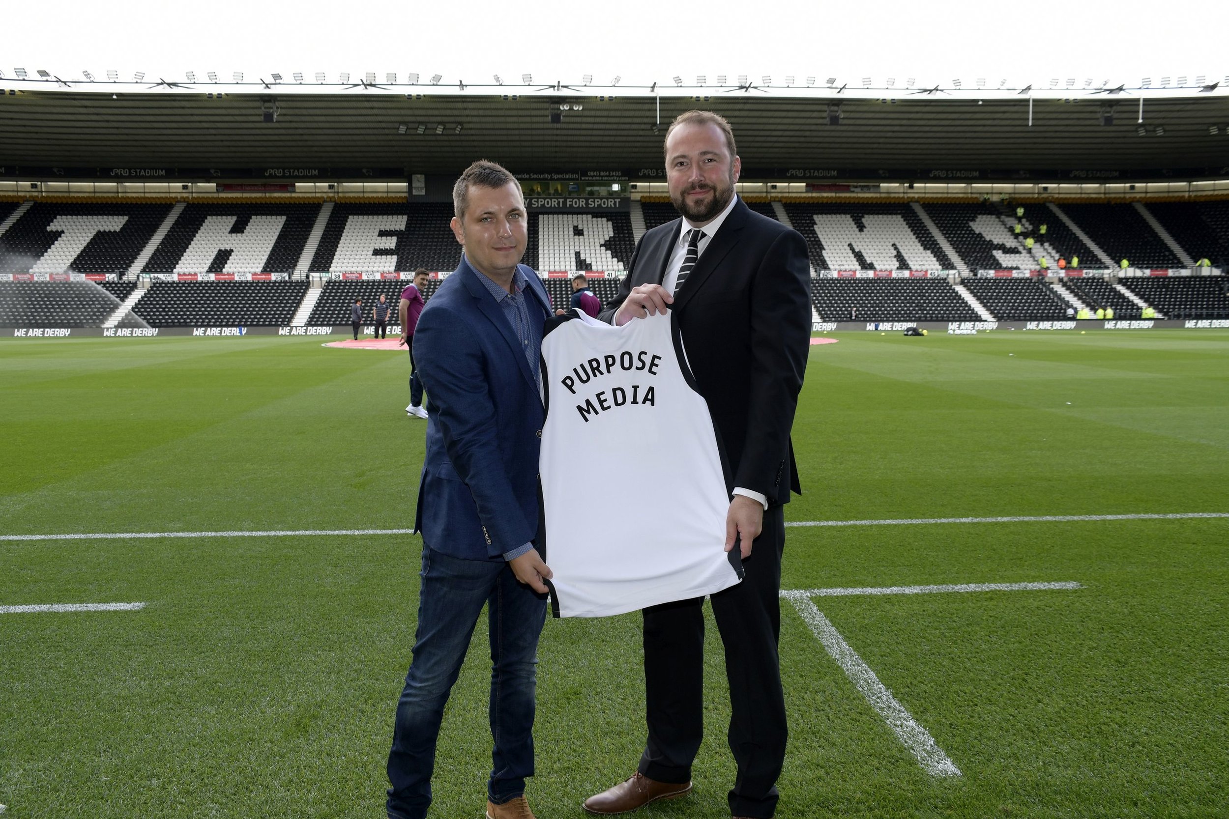 Purpose Media's Matt Wheatcroft pictured with Head of Ticketing, Analytics and Data at Derby County, Brandon Furse.