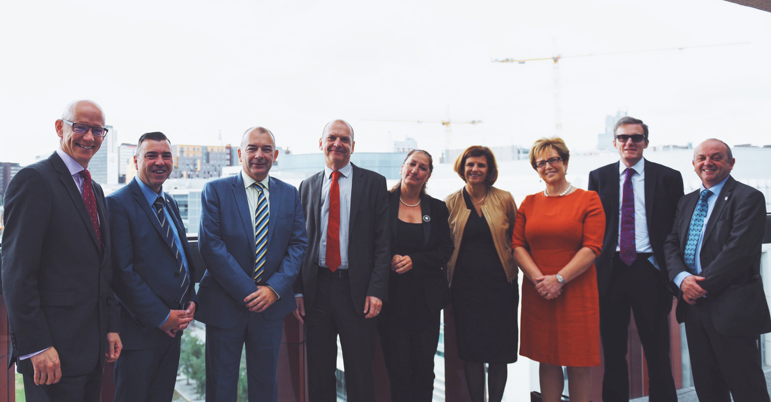 Martin Reeves, Chief Executive of West Midlands Combined Authority; Professor Julian Beer Deputy Vice-Chancellor at Birmingham City University; Professor John Latham, Vice-Chancellor at Coventry University; Professor Geoff Layer, Vice-Chancellor at the University of Wolverhampton; Professor Mary Stuart, Vice-Chancellor at the University of Lincoln, Professor Kathryn Mitchell, Vice Chancellor at the University of Derby; Carol Burke, Managing Director for Unipart; Professor Nigel Wright Pro Vice-Chancellor for Research and Innovation at De Montfort University; Professor Edward Peck, Vice-Chancellor at Nottingham Trent University.
