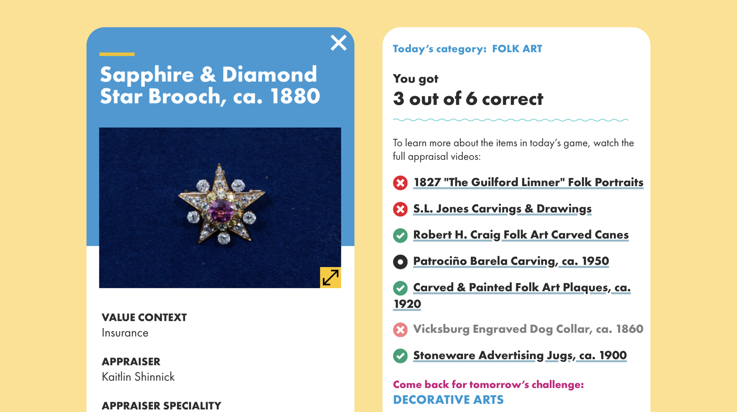 PriceRange antique details and game results screen.