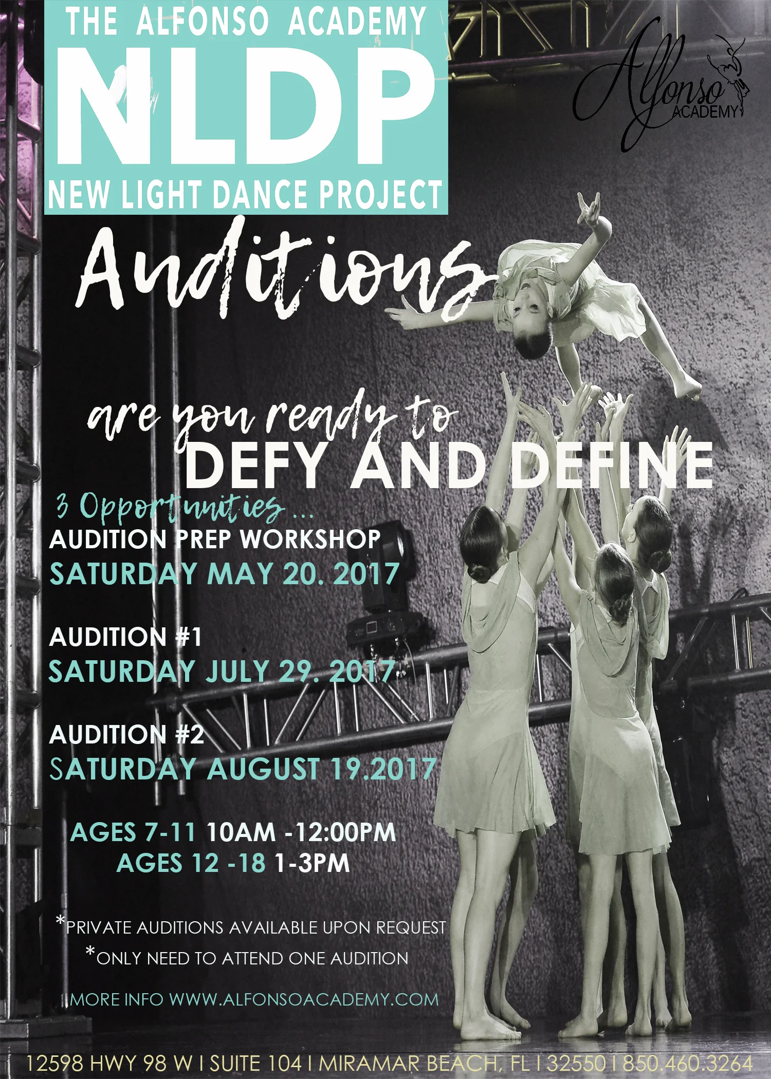 $25 Audition Fee. Please arrive at least 15 minutes early to fill out appropriate paperwork. Girls : Black Leotard, Pink Tights, Hair in a Bun. Bring water, ballet shoes, and any other preferred dance shoes. Boys: White Shirt, Black shorts, leggings, or pants. Bring water, ballet shoes, and any other preferred dance shoes.