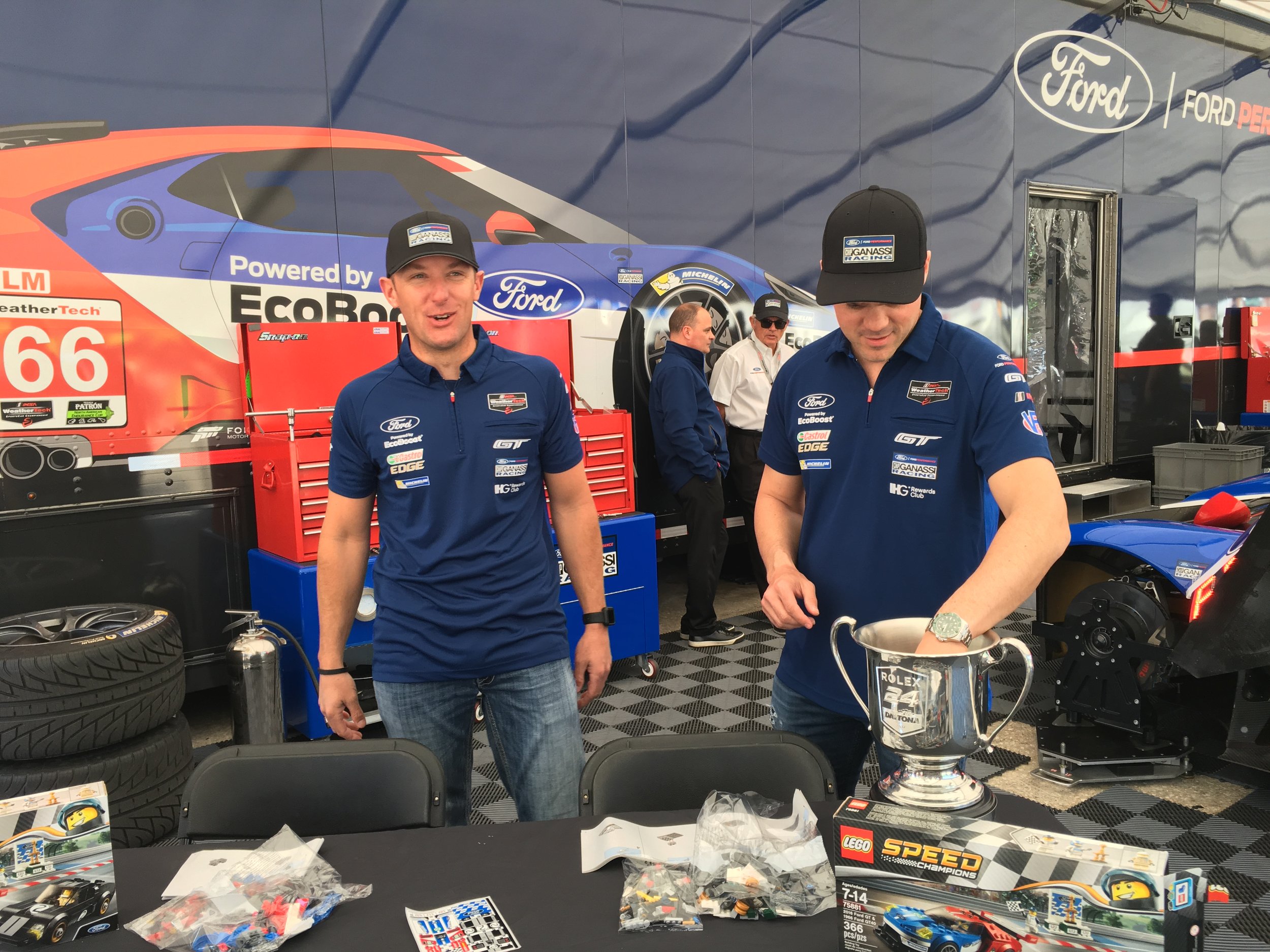 As soon as I got to the track I went to shoot this very funny segment for the main show with Joey Hand and Dirk Muller in the Ganassi paddock in a Lego Building shoot off!
